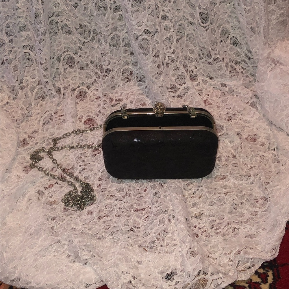 Elegant Black Clutch with Silver Chain, boxlike shape clutch made by Verde
